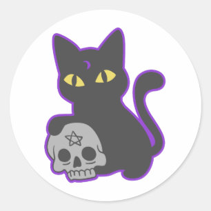 Magic cat with ghotic skull - Choose back colour Classic Round Sticker