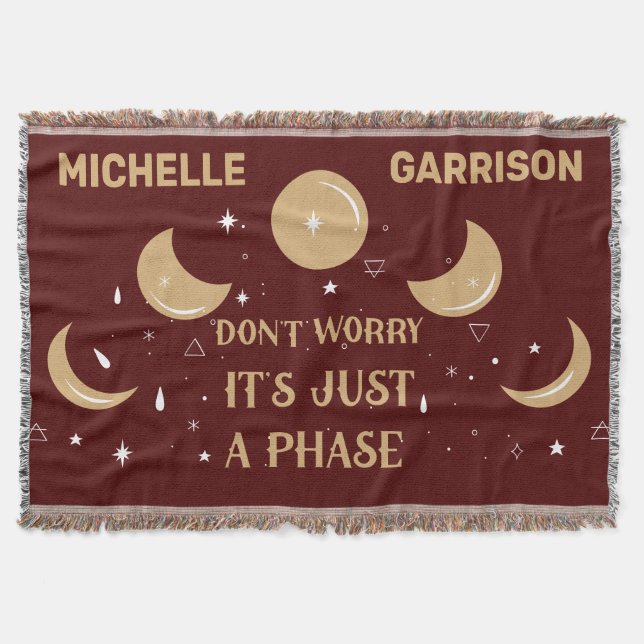 Magic Celestial Moon Phase Personalised Dark Red Throw Blanket (Front)