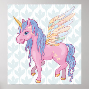 Magic Cute Unicorn with rainbow wings illustration Poster