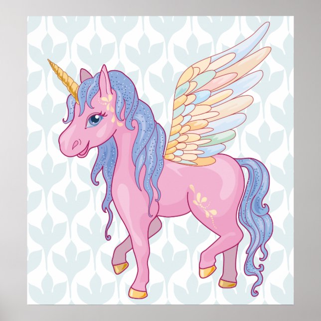 Magic Cute Unicorn with rainbow wings illustration Poster (Front)