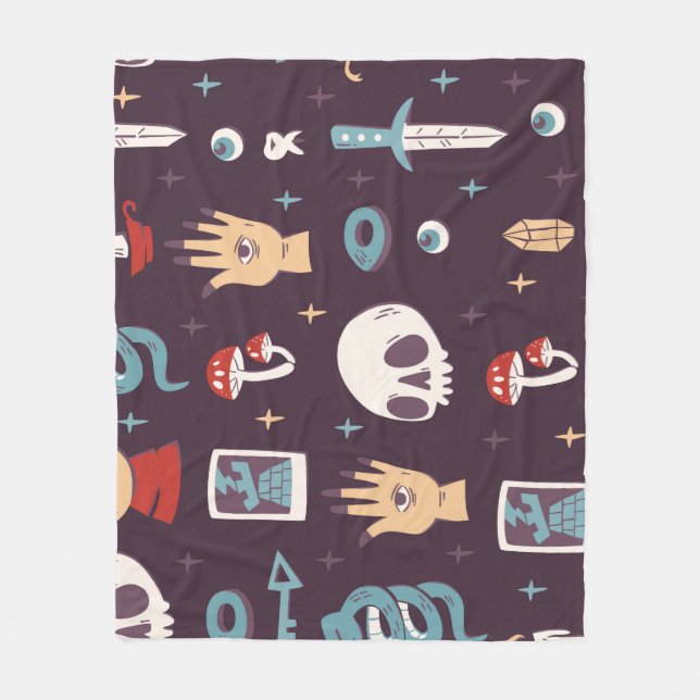 Magic elements: skull, tarot seamless fleece blanket (Front)