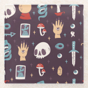 Magic elements: skull, tarot seamless glass coaster
