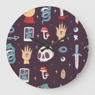 Magic elements: skull, tarot seamless large clock