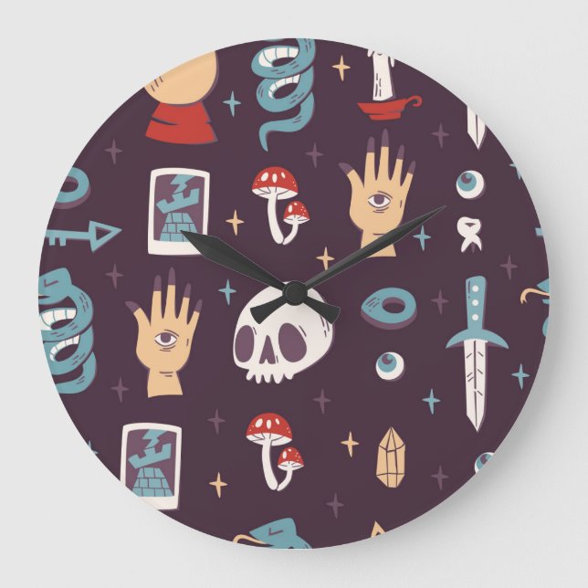 Magic elements: skull, tarot seamless large clock (Front)