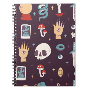 Magic elements: skull, tarot seamless notebook