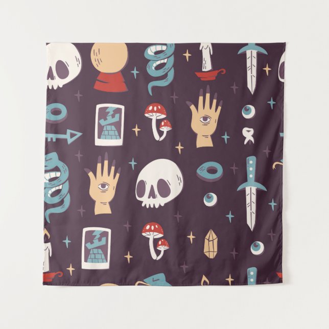 Magic elements: skull, tarot seamless tapestry (Front)