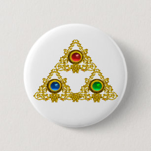 MAGIC ELFIC TALISMAN /GOLD TRIANGLE WITH GEMSTONES 6 CM ROUND BADGE