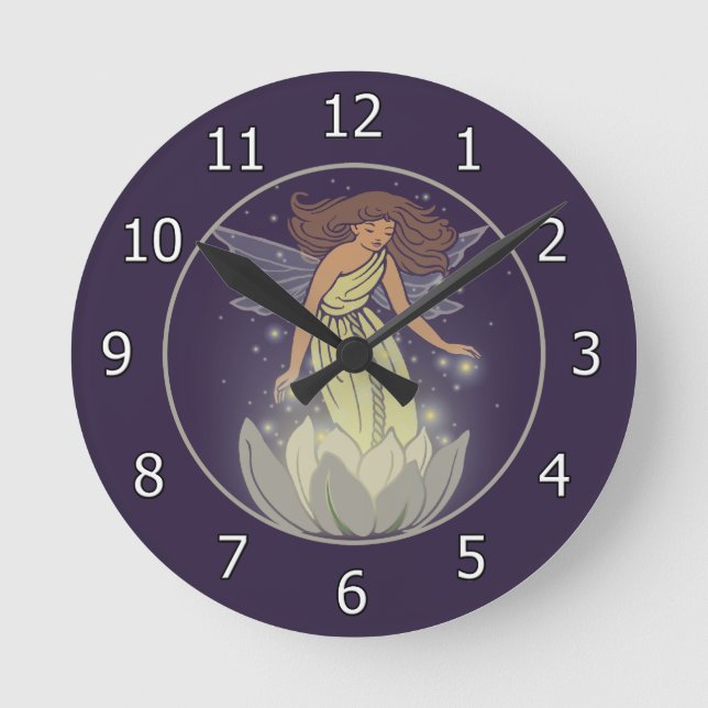 Magic Fairy White Flower Glow Fantasy Art Round Clock (Front)