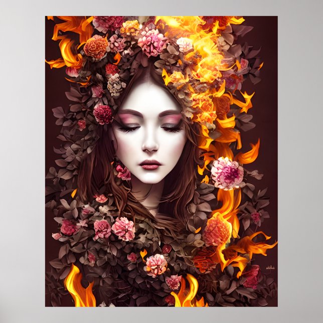 Magic fantasy beautiful face flowers fire poster (Front)