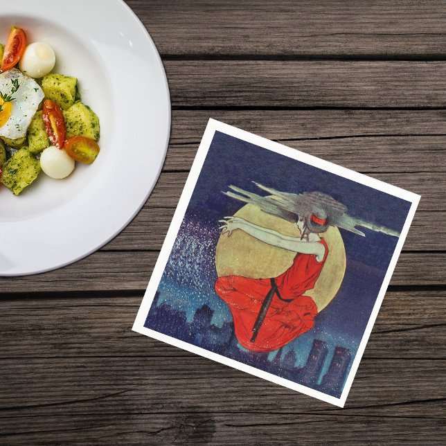 Magic Floating Woman Moon Night Sky Witch Napkin (Magical women red dress floating in night sky yellow moon over city lights on napkins.)