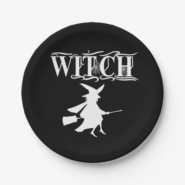 Magic Flying Witch White Typography Halloween Paper Plate (Front)