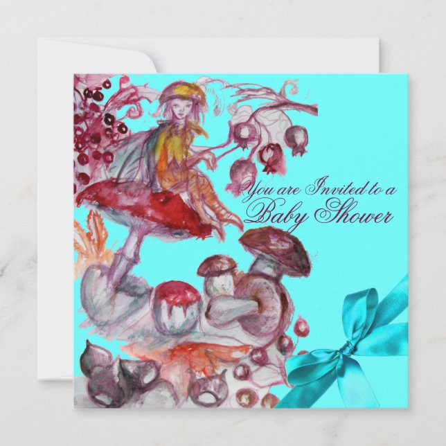 MAGIC FOLLET,MUSHROOMS BLUE RIBBON BABY BOY SHOWER INVITATION (Front)