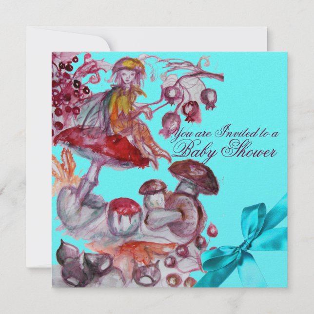 MAGIC FOLLET,MUSHROOMS BLUE RIBBON BABY BOY SHOWER INVITATION (Front)