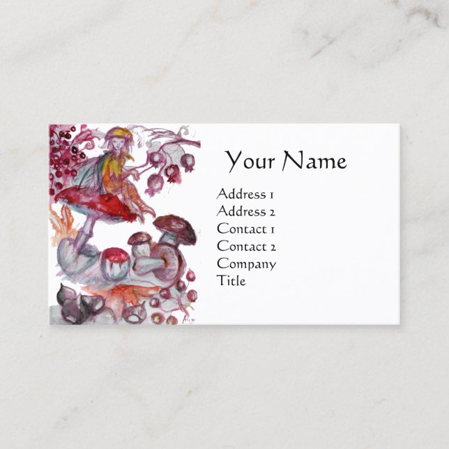 MAGIC FOLLET OF MUSHROOMS Red White Fantasy Business Card (Front)