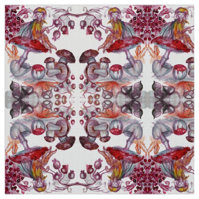 MAGIC FOLLET OF MUSHROOMS Red White Flora Fantasy Fabric (Swatch)