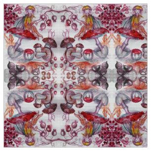 MAGIC FOLLET OF MUSHROOMS Red White Flora Fantasy Fabric