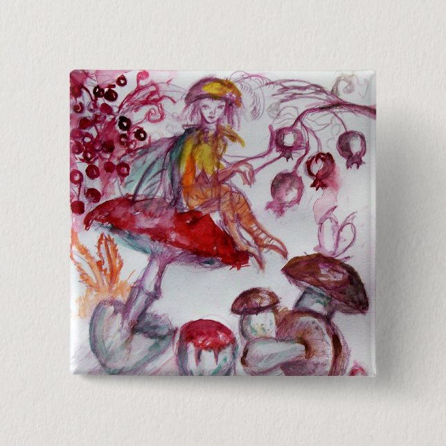 MAGIC FOLLET OF MUSHROOMS Red White Floral Fantasy 15 Cm Square Badge (Front)