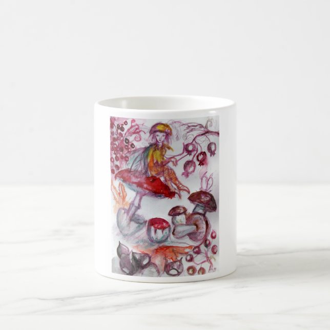 MAGIC FOLLET OF MUSHROOMS Red White Floral Fantasy Coffee Mug (Center)