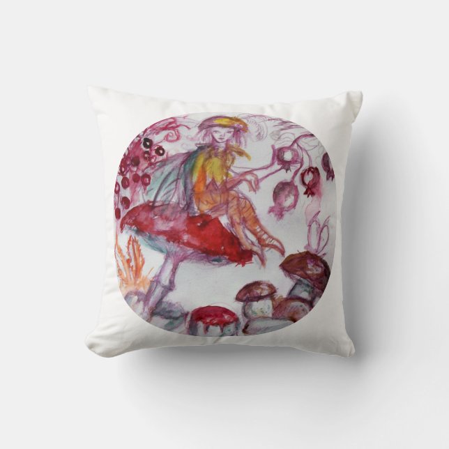 MAGIC FOLLET OF MUSHROOMS Red White Floral Fantasy Cushion (Front)