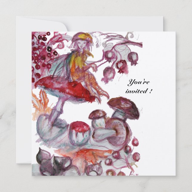 MAGIC FOLLET OF MUSHROOMS Red White Floral Fantasy Invitation (Front)