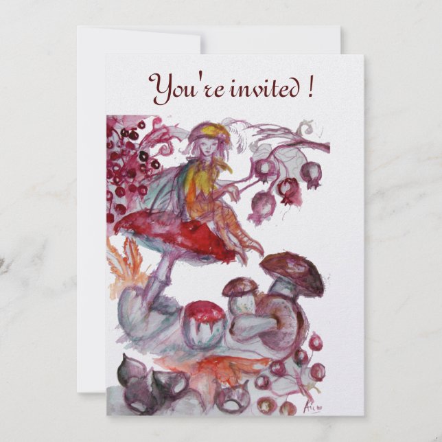MAGIC FOLLET OF MUSHROOMS Red White Floral Fantasy Invitation (Front)
