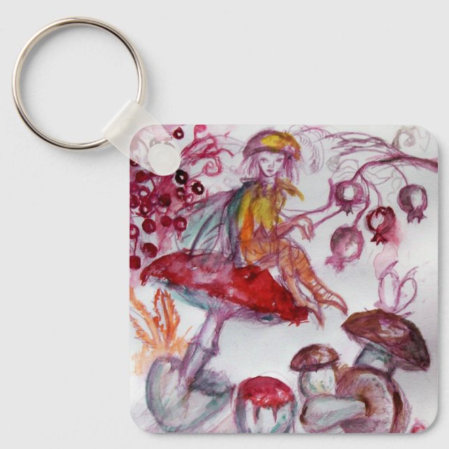 MAGIC FOLLET OF MUSHROOMS Red White Floral Fantasy Key Ring (Front)