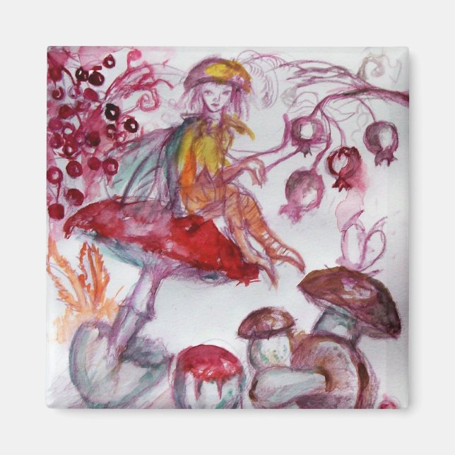 MAGIC FOLLET OF MUSHROOMS Red White Floral Fantasy Magnet (Front)