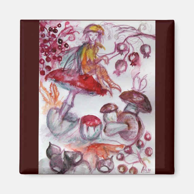 MAGIC FOLLET OF MUSHROOMS Red White Floral Fantasy Magnet (Front)