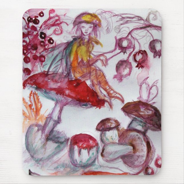 MAGIC FOLLET OF MUSHROOMS Red White Floral Fantasy Mouse Mat (Front)