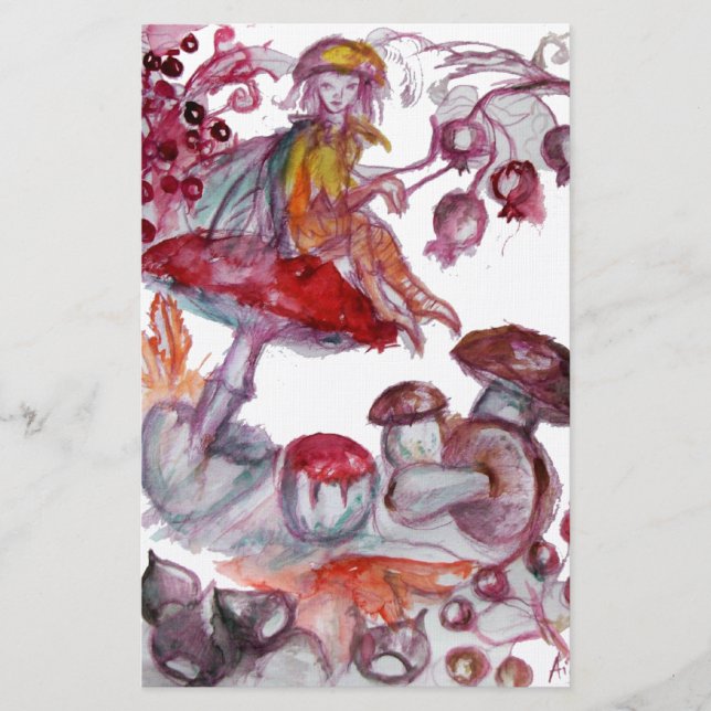 MAGIC FOLLET OF MUSHROOMS Red White Floral Fantasy Stationery (Front)