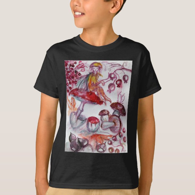 MAGIC FOLLET OF MUSHROOMS Red White Floral Fantasy T-Shirt (Front)