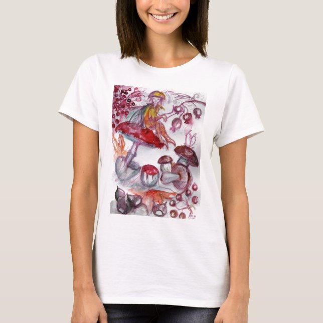 MAGIC FOLLET OF MUSHROOMS Red White Floral Fantasy T-Shirt (Front)
