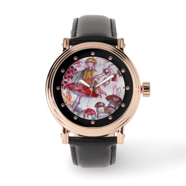 MAGIC FOLLET OF MUSHROOMS Red White Floral Fantasy Watch (Front)