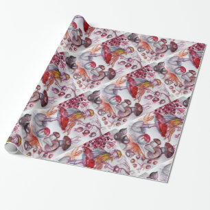 MAGIC FOLLET OF MUSHROOMS Red White Floral Fantasy Wrapping Paper