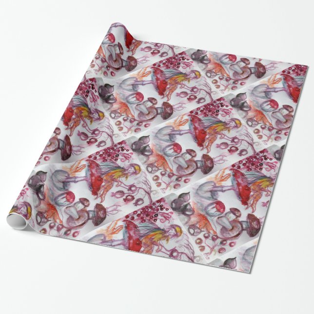 MAGIC FOLLET OF MUSHROOMS Red White Floral Fantasy Wrapping Paper (Unrolled)