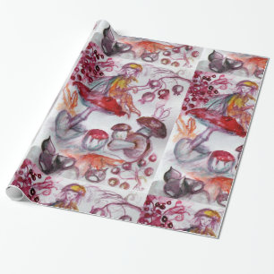 MAGIC FOLLET OF MUSHROOMS Red White Floral Fantasy Wrapping Paper