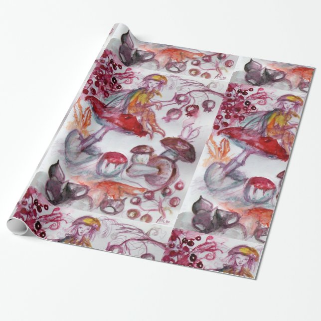 MAGIC FOLLET OF MUSHROOMS Red White Floral Fantasy Wrapping Paper (Unrolled)
