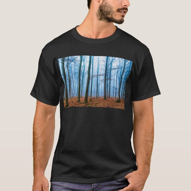 Magic forest in fog in blue and orange T-Shirt (Front)