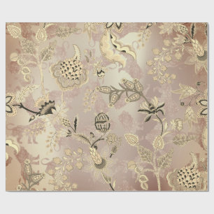 Magic Garden Lions Floral Rose Gold Oriental Wrapping Paper
