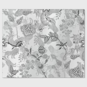 Magic Garden Lions Floral Silver Gray Lux Oriental Wrapping Paper