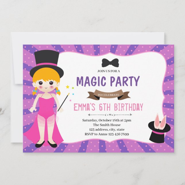 Magic girl birthday party invitation (Front)