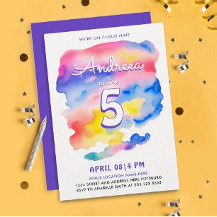 Magic Girly Colourful Cloud Nine Bday Watercolor Invitation