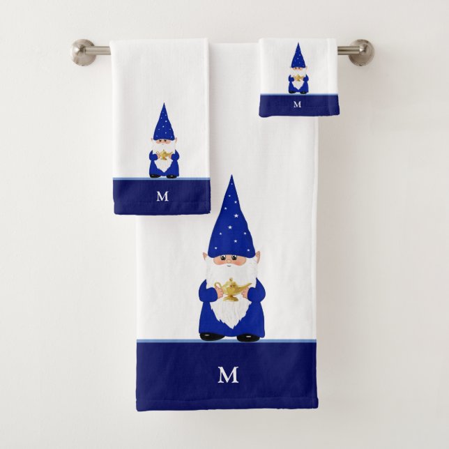 Magic Gnome & Monogram on Blue and White Bath Towel Set (Insitu)