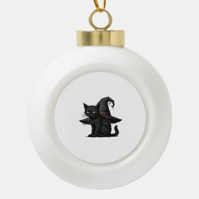 Magic Halloween Cat Classic T-Shirt Ceramic Ball Christmas Ornament (Front)