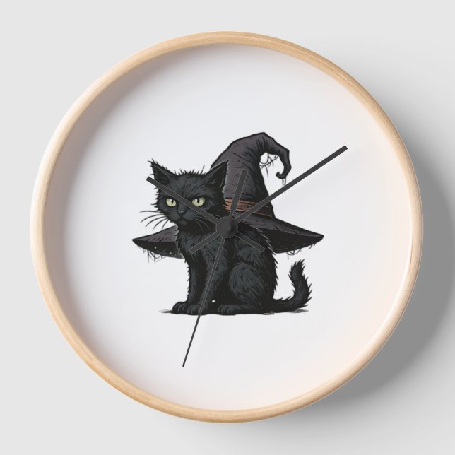 Magic Halloween Cat Classic T-Shirt Clock (Front)