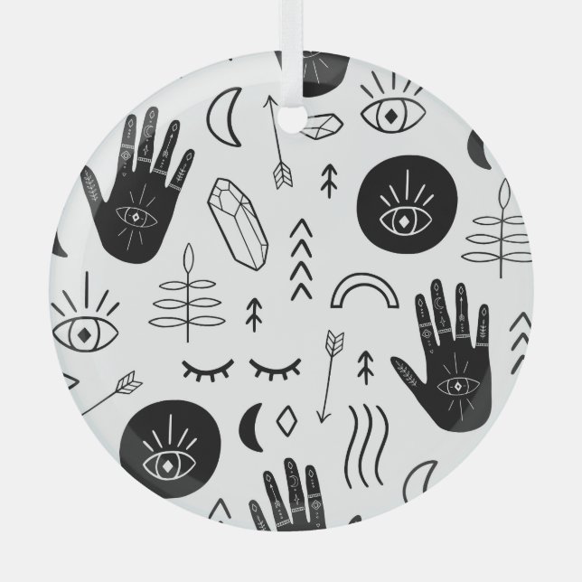 Magic hands, moon, ethnic pattern. glass tree decoration (Front)