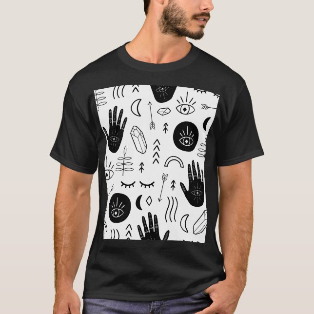 Magic hands, moon, ethnic pattern. T-Shirt (Front)