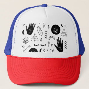 Magic hands, moon, ethnic pattern. trucker hat