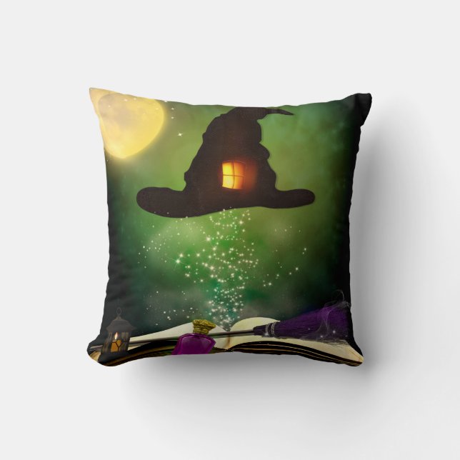 Magic Hat & Magical Spell Book Whimsical Halloween Cushion (Front)
