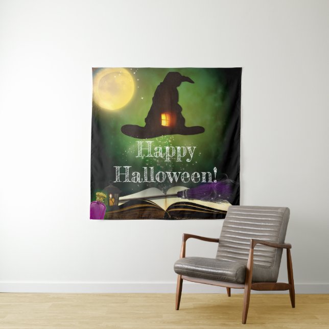 Magic Hat & Spell Book Halloween Party Backdrop Tapestry (In Situ)